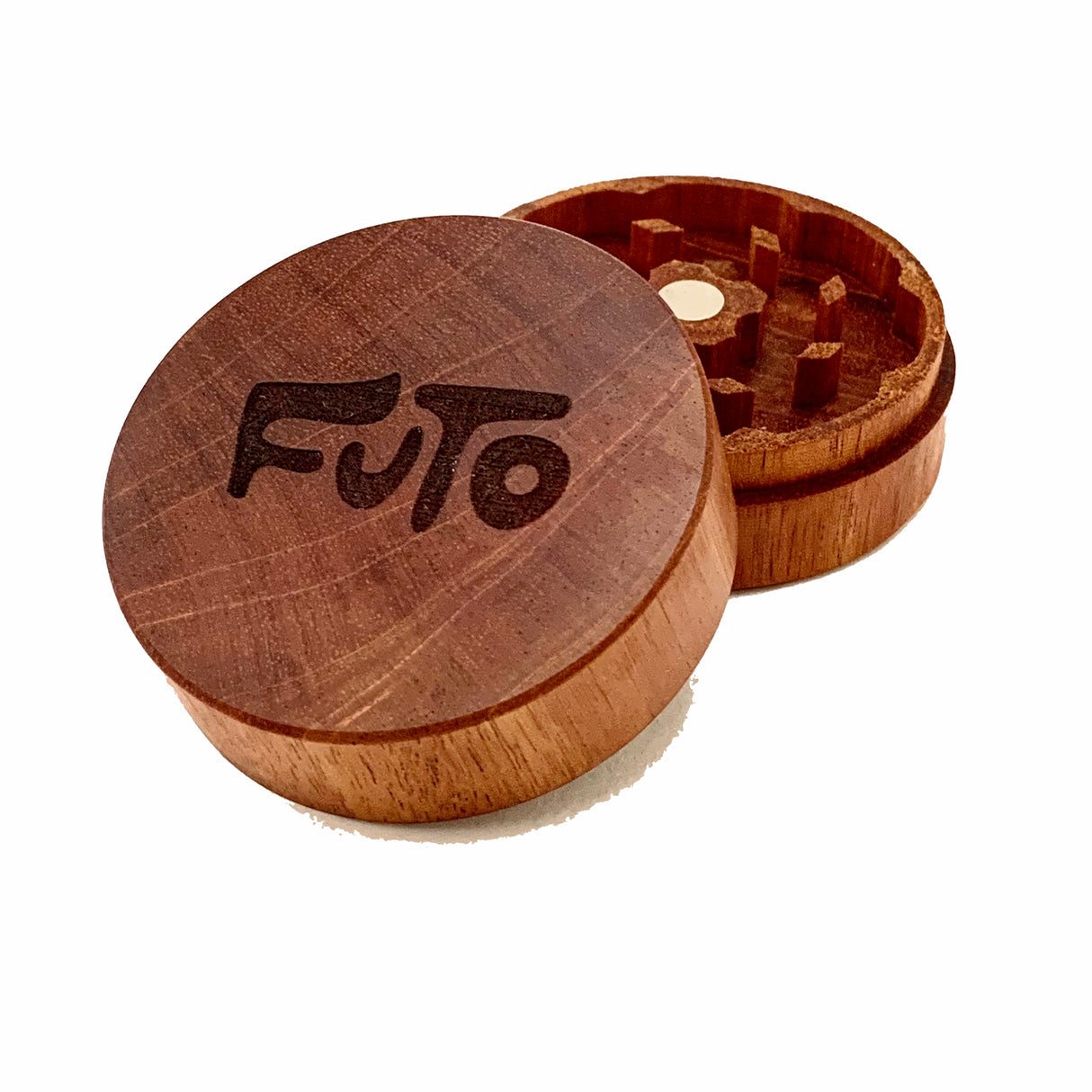 walnut futo herb grinder in 2 sections 1 atop the other on white background