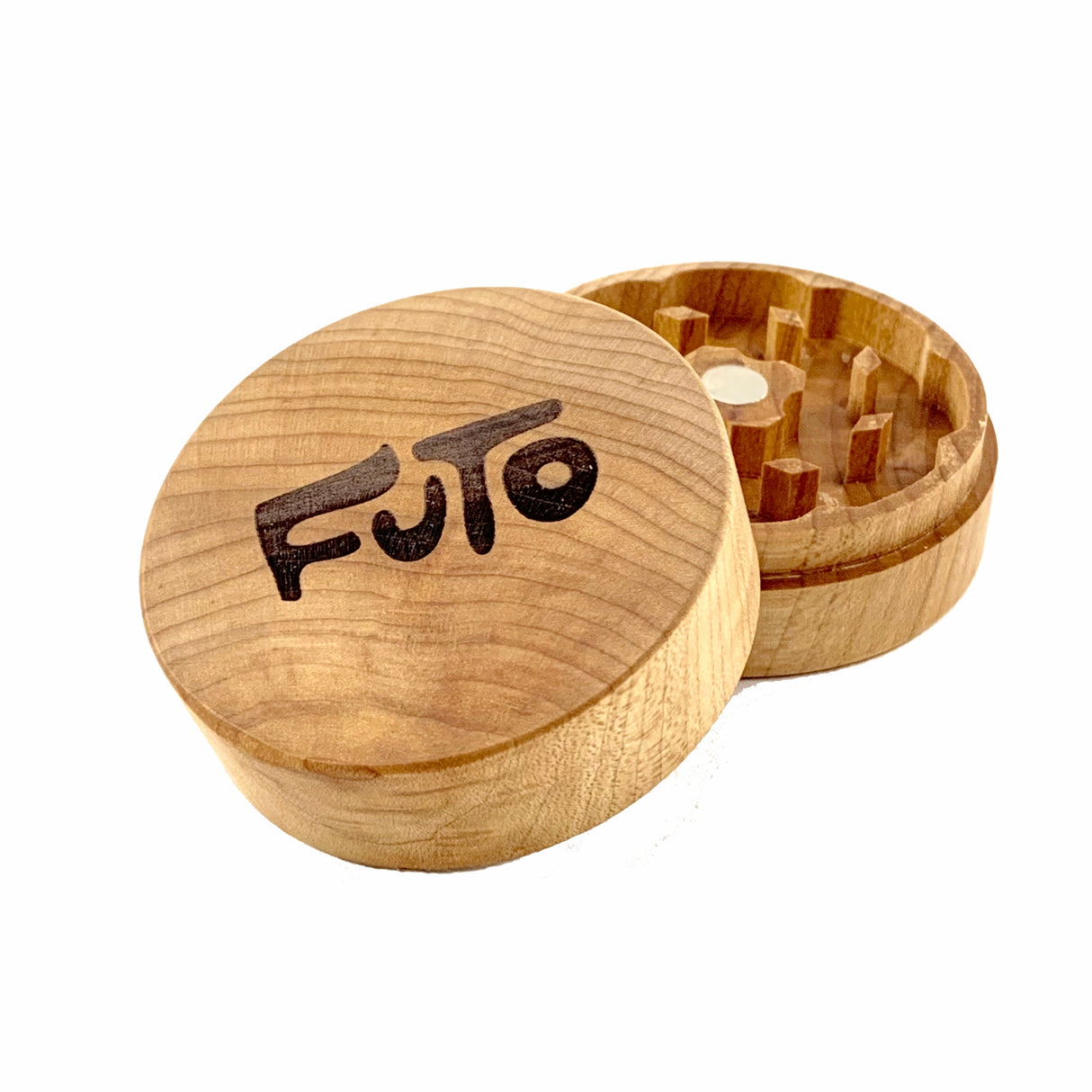 maple futo herb grinder in 2 sections sat on white background