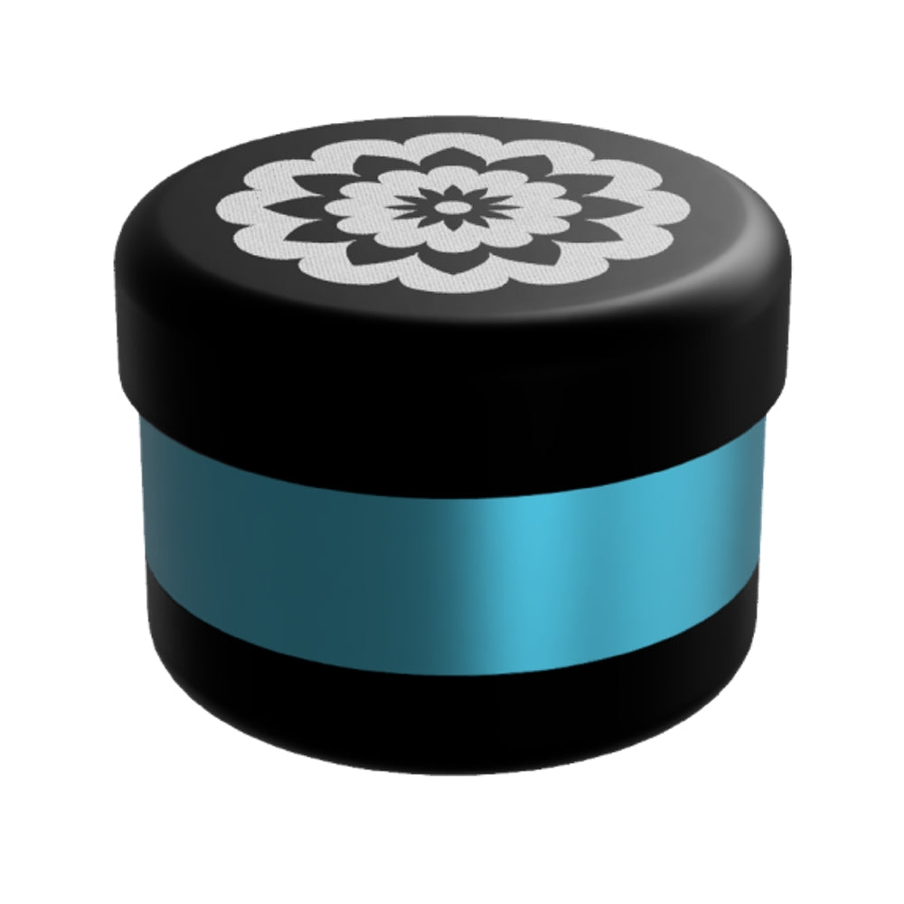 black and blue flowermill 2.5 premium herb grinder with white flowermill branding  on white background