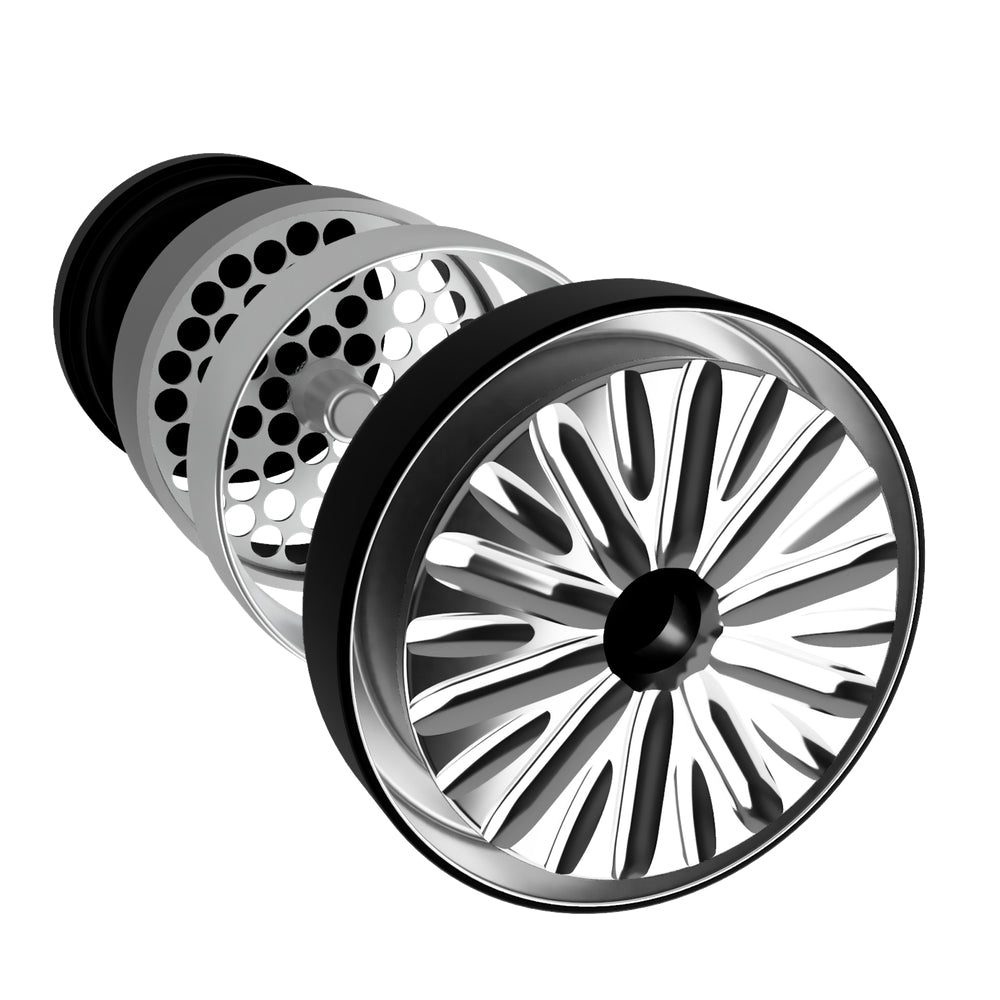  black and grey flowermill 2.5 premium herb grinder in 4 separate sections on white background