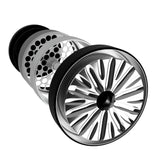  black and grey flowermill 2.5 premium herb grinder in 4 separate sections on white background