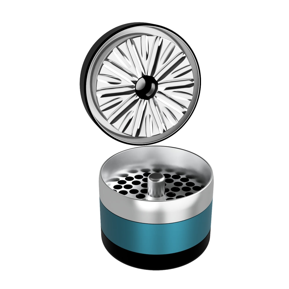  black and blue flowermill 2.5 premium herb grinder with top section removed on white background