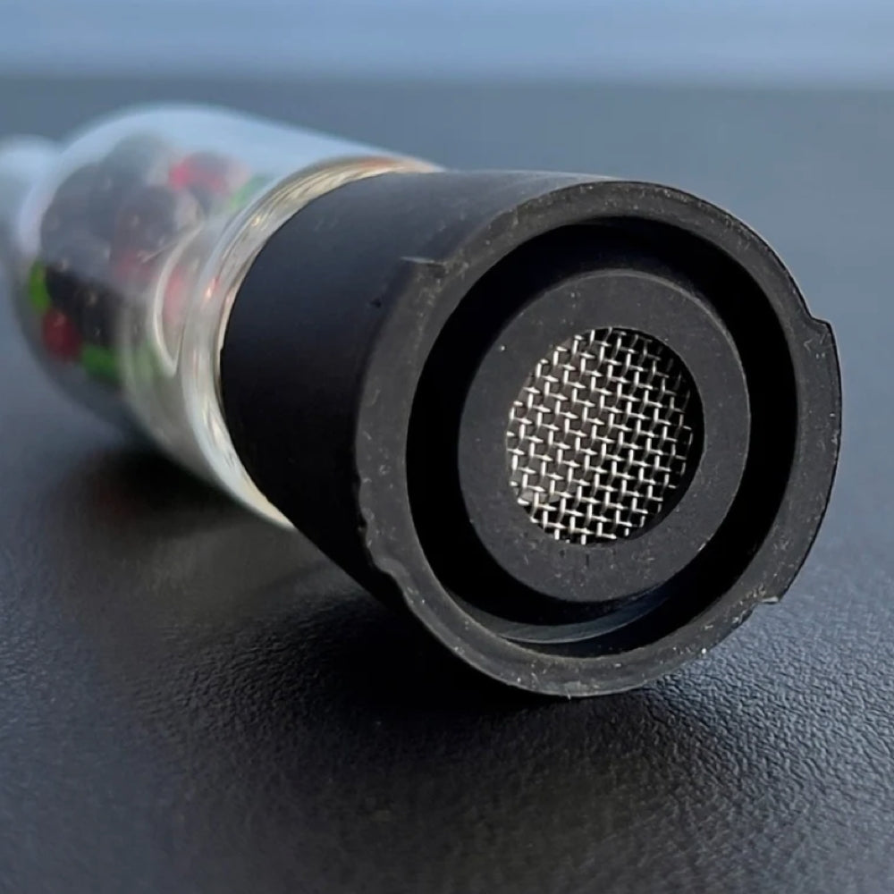 sneaky pete XL rocket stem with multi coloured internal glass beads for use with storz & bickel crafty+ & mighty+ vaporizers underside view of connector & screen