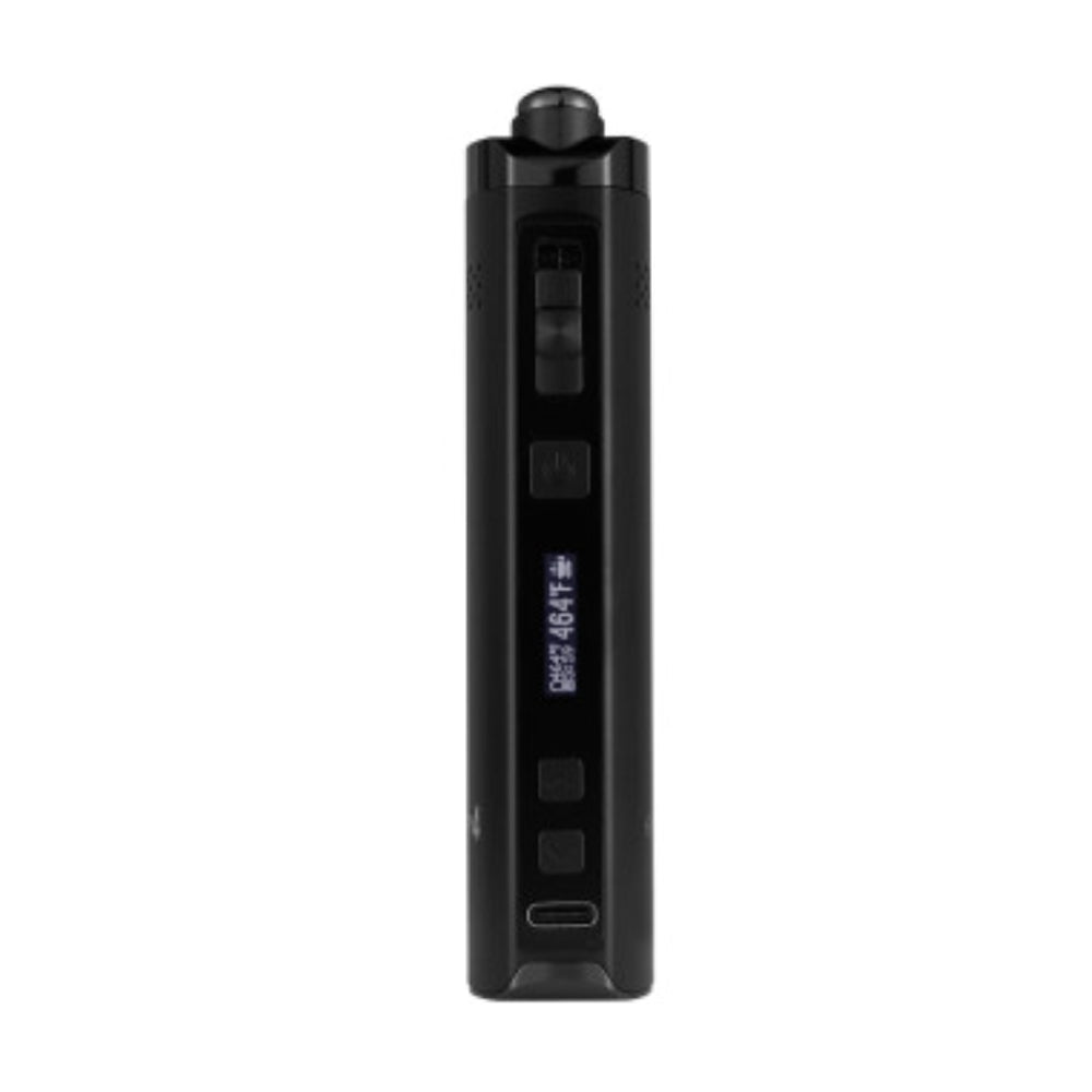black xmax starry 4 vaporizer stood upright side view on white background