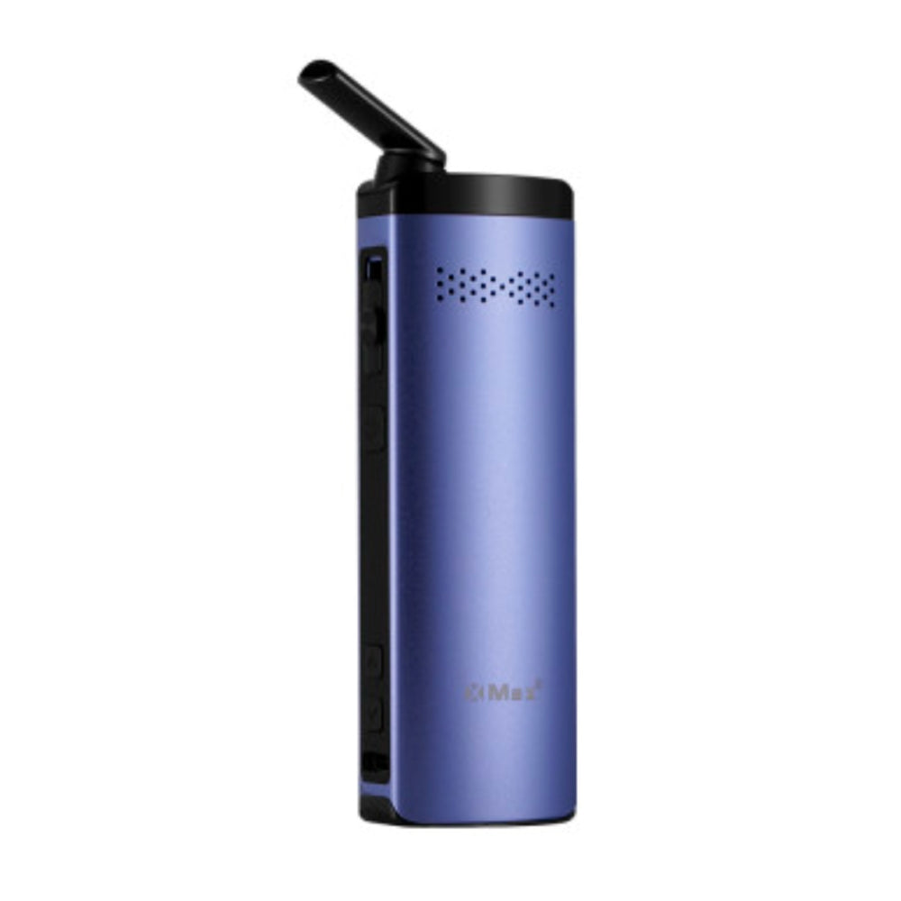 blue xmax starry 4 vaporizer with xmax branding stood upright with mouthpiece open on white background