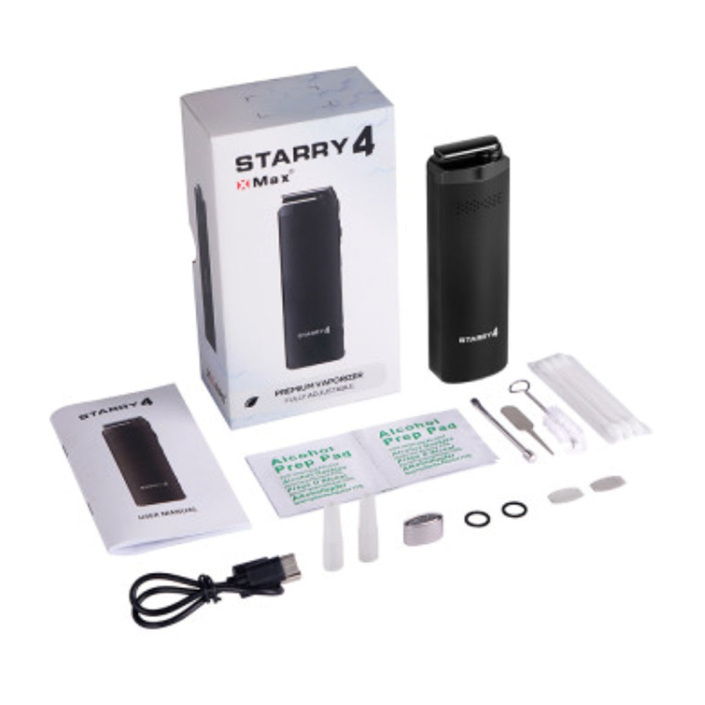 black xmax starry 4 vaporizer stood upright with packaging and accessories on white background