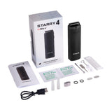 black xmax starry 4 vaporizer stood upright with packaging and accessories on white background