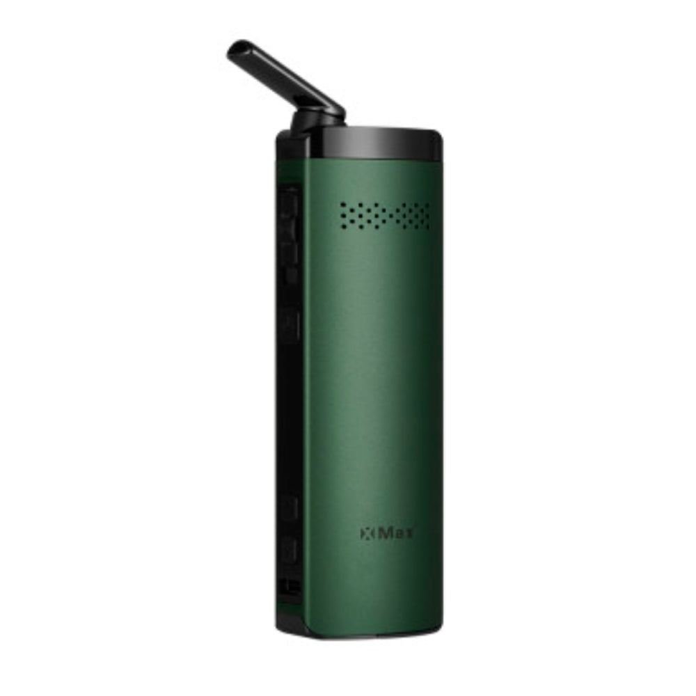 green xmax starry 4 vaporizer with xmax branding stood upright with mouthpiece open on white background