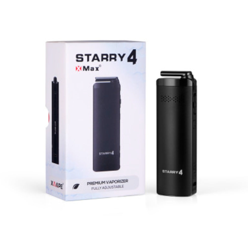 black xmax starry 4 vaporizer stood upright with packaging on white background