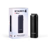 black xmax starry 4 vaporizer stood upright with packaging on white background