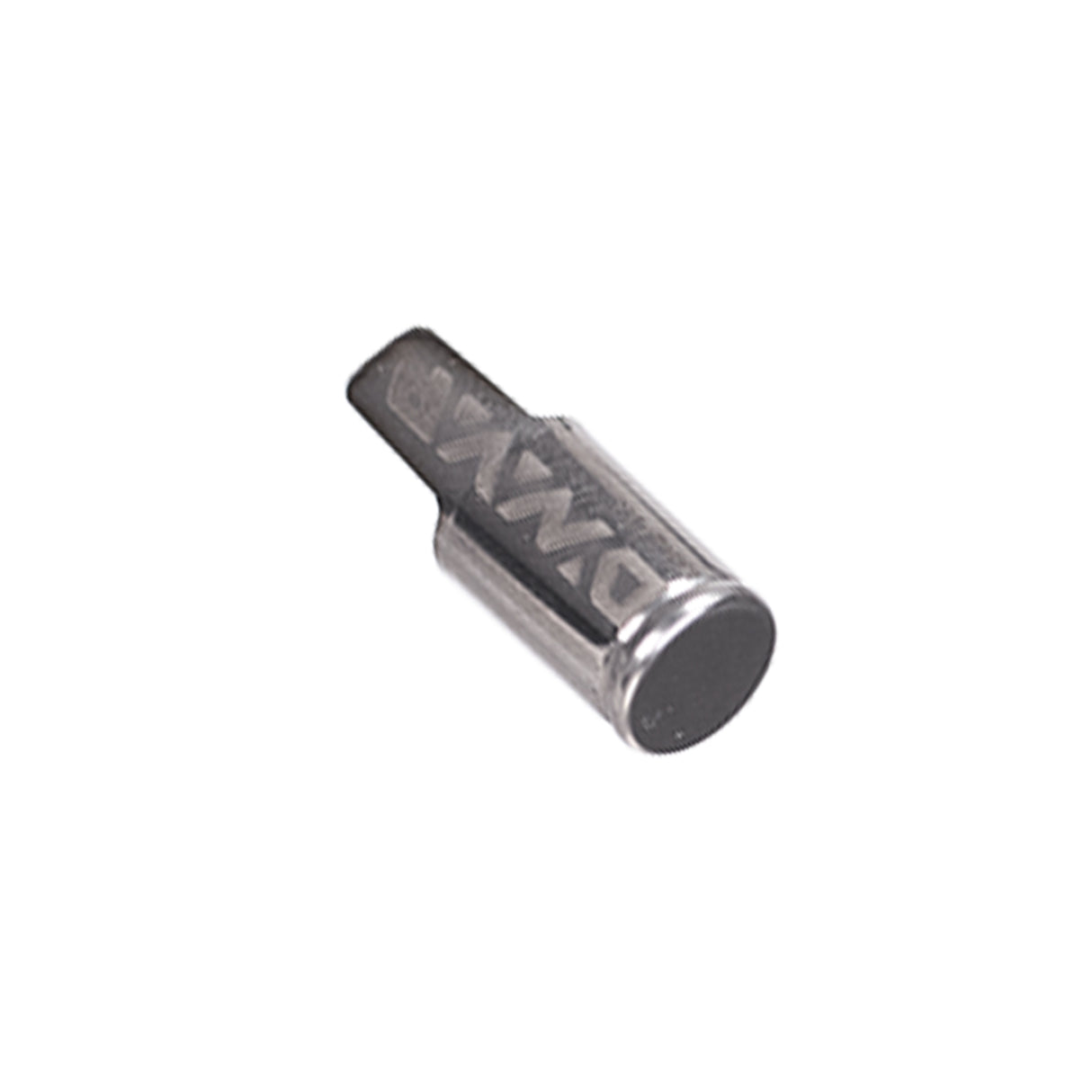 front view of dynavap branded stainless steel regular cap angled view on white background