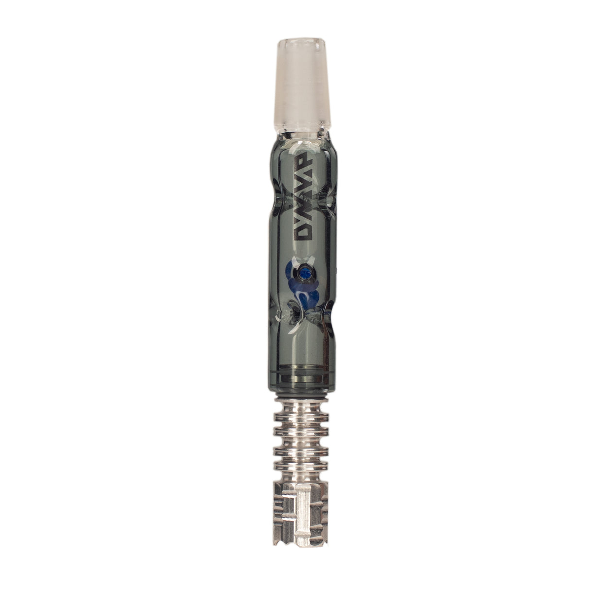 grey dynavap BB3 glass stem with 3 blue internal cooling beads paired with dynavap tip stood upright on white background