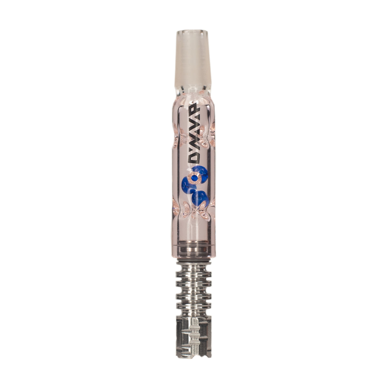 pink dynavap BB3 glass stem with 3 blue internal cooling beads paired with dynavap tip stood upright on white background