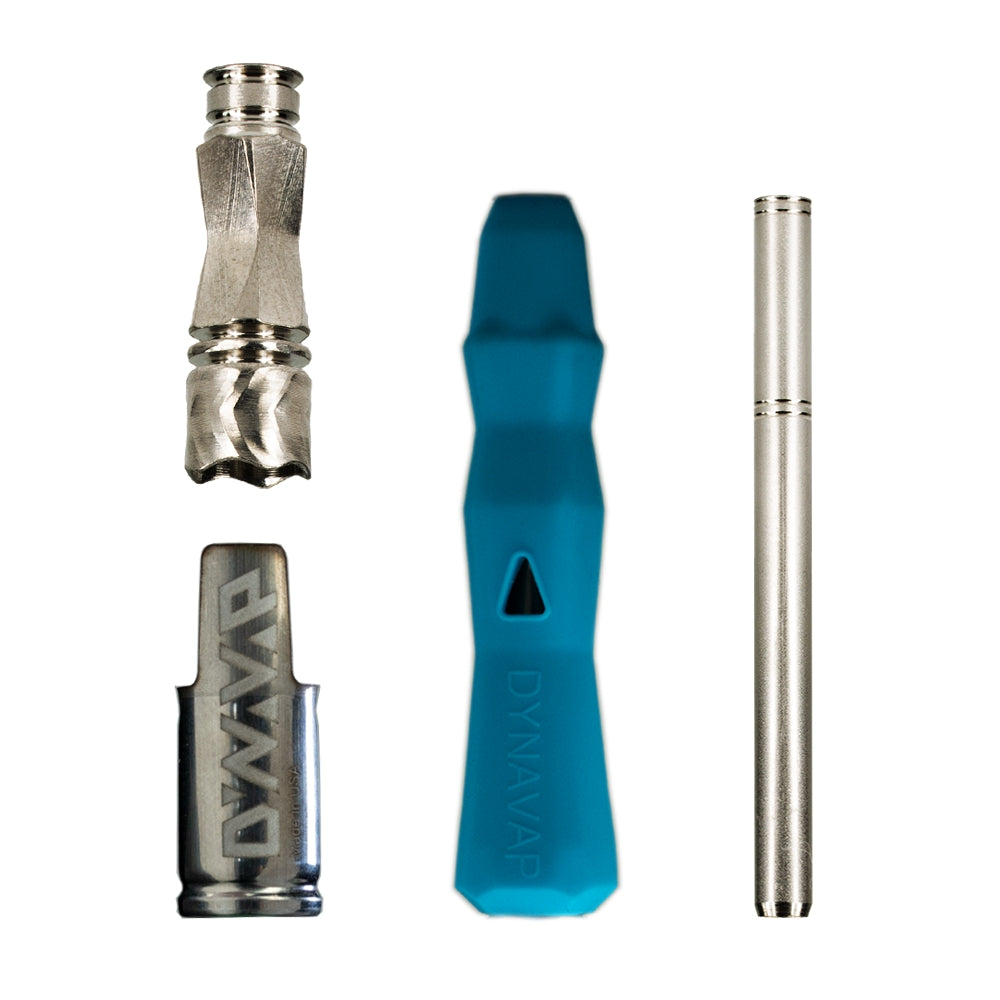 blue neon series dynavap B vaporizer in component parts set on white background