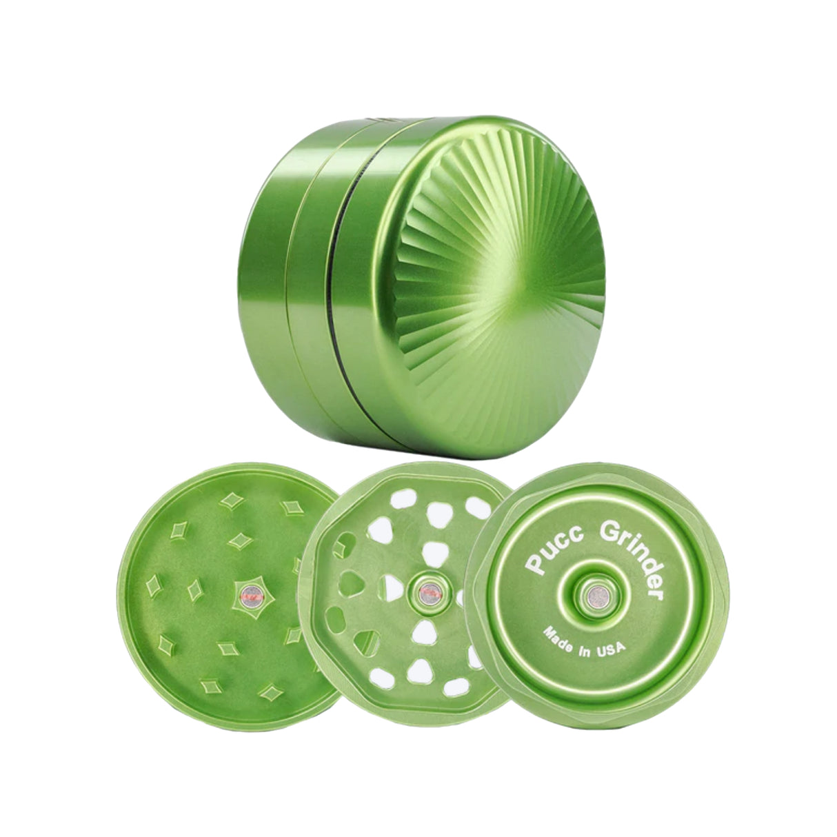 green 3 piece pucc herb grinder whole unit along with image of a unit in all 3 component parts set on white background