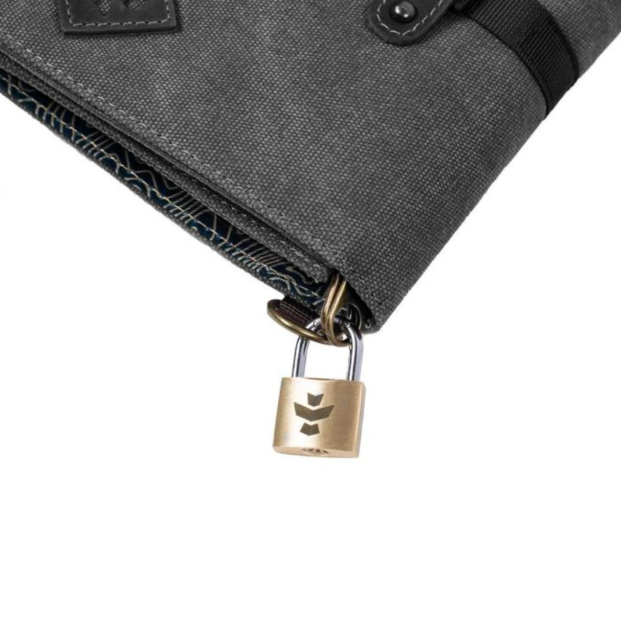 collab between revelry & santa cruz with rolling tray and herb grinder contained within a handy open out storage case with close up of lockable zip