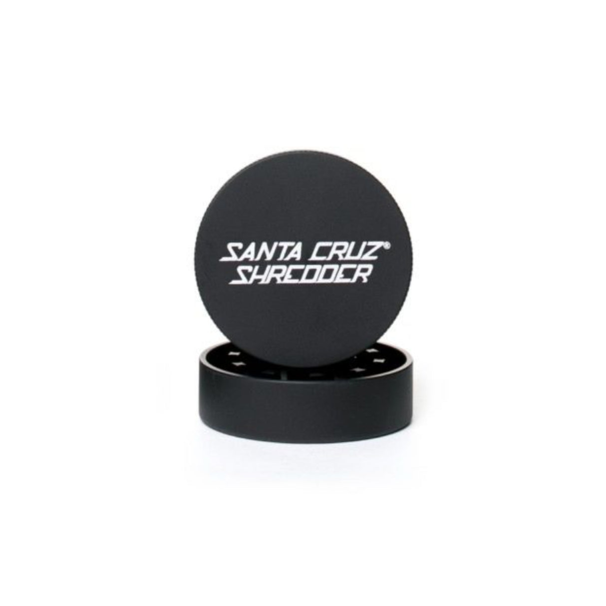 medium matt black santa cruz 2 piece herb grinder with top section sat atop the bottom section sat on white background