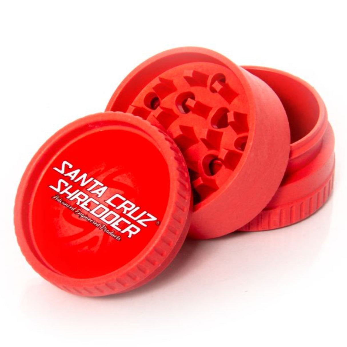 red santa cruz shredder hemp made 3 piece herb grinder in 3 sections set on white background