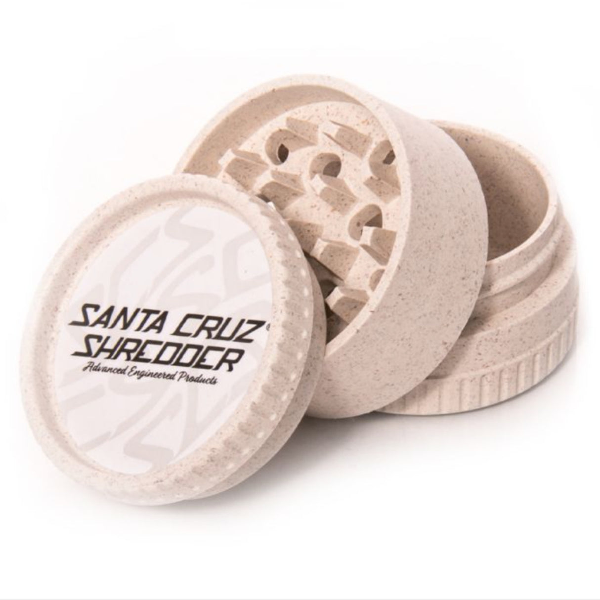 white santa cruz shredder hemp made 3 piece herb grinder in 3 sections set on white background
