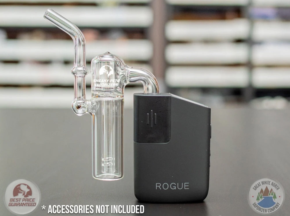 sneaky pete bubblemax glass water bubbler paired with healthy rips  rogue vaporizer upright on table