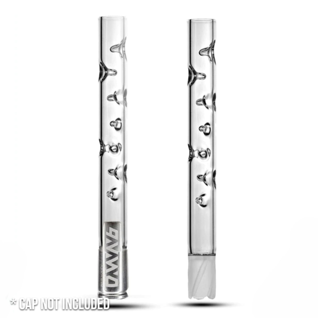 2 sneaky pete glass add-a-cap accessories 1 with dynavap cap and 1 without stood upright on white background