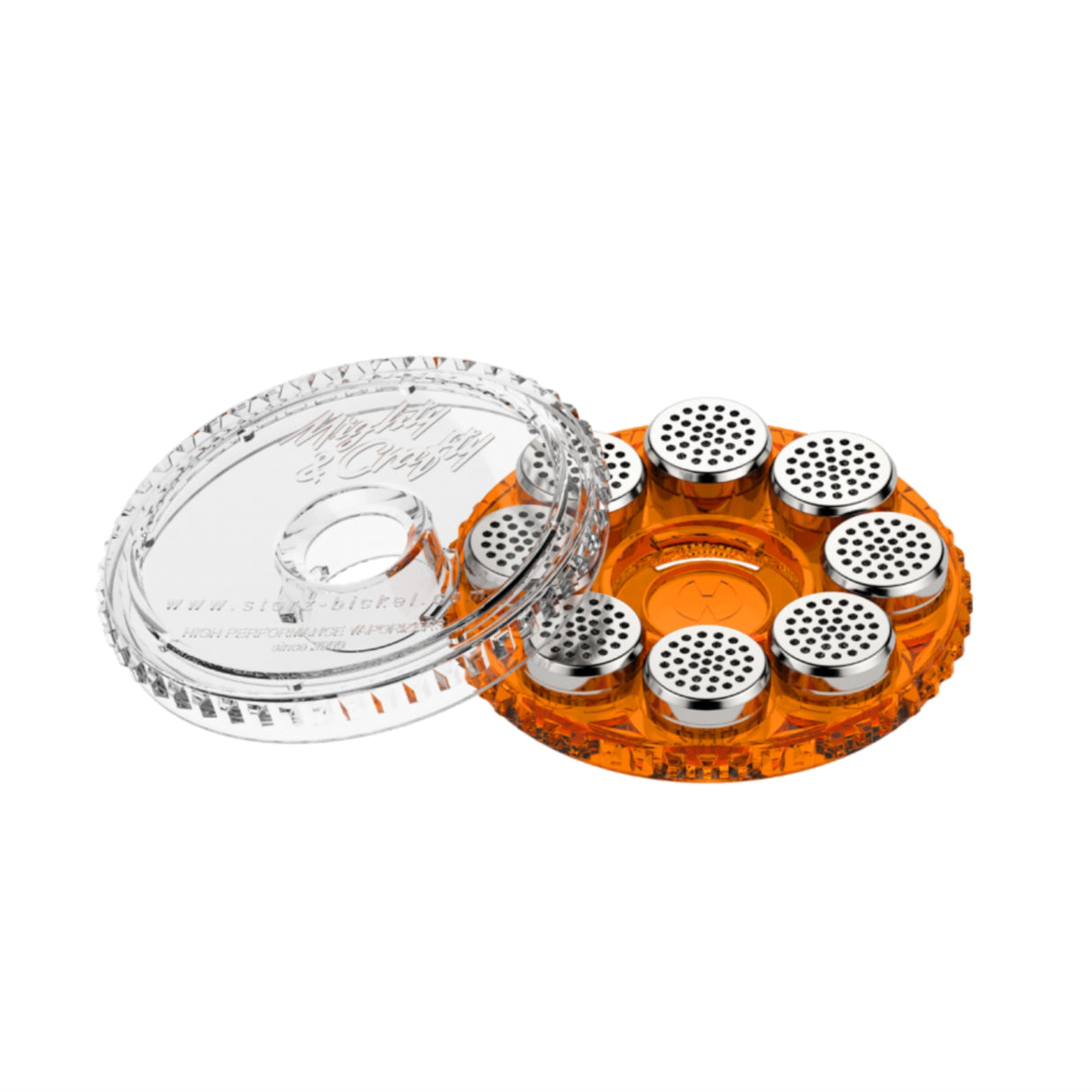 storz & bickel orange magazine with 8 dosing capsules with lid removed on white background