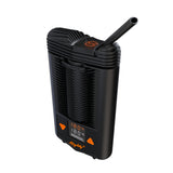 storz & bickel mighty+ vaporizer angled view with mouthpiece open stood upright on white background