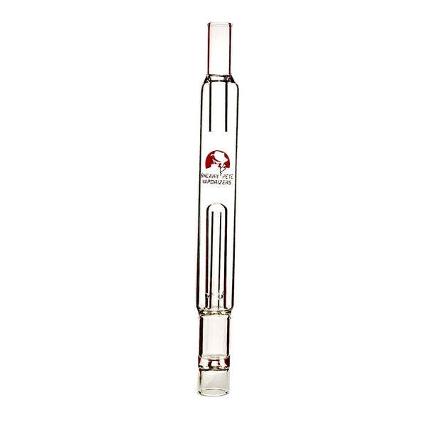 Clear glass water bubbler mouthpiece with sneaky pete logo.  Stood upright
