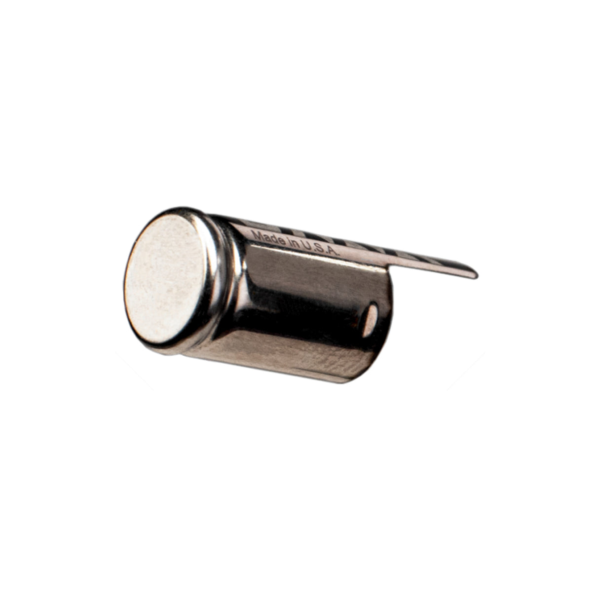 angled view of dynavap branded stainless steel captive cap on white background