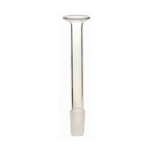 Clear glass mouthpiece with 14mm female joint stood upright with joint at the bottom