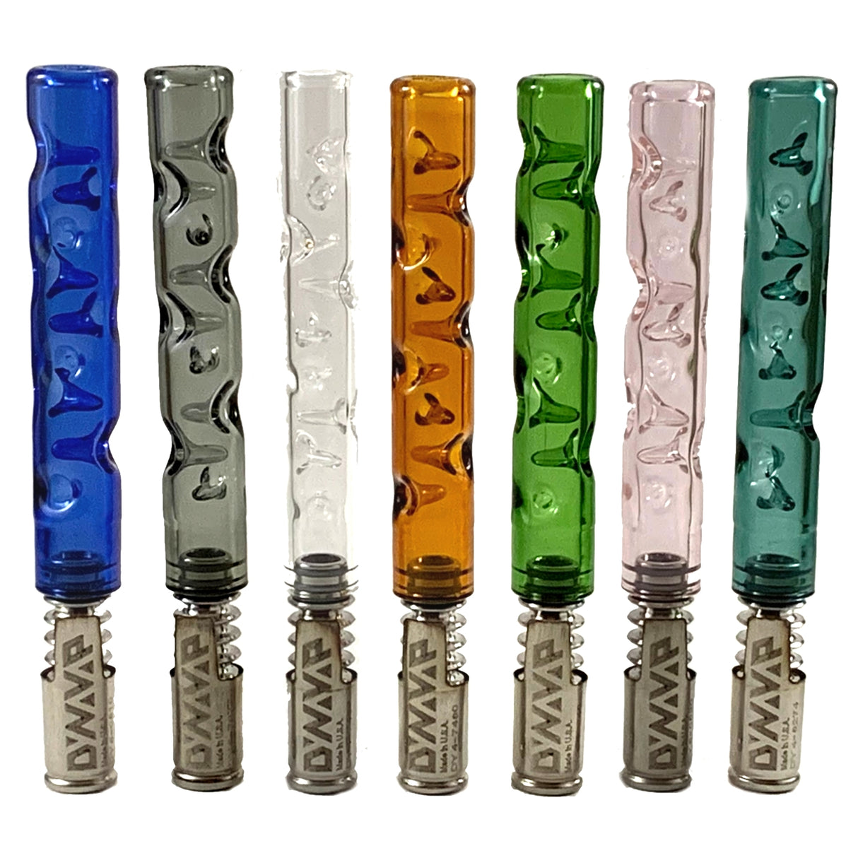 7 different coloured sneaky pete hula stems for dynavap with dynavap tip & cap on white background