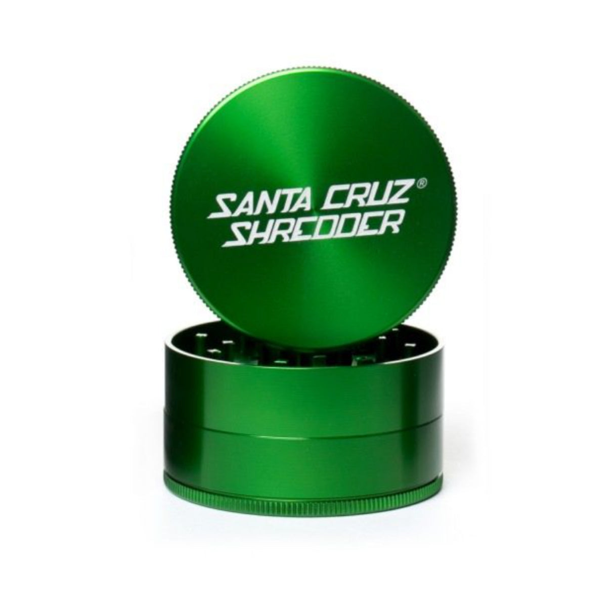 large gloss green 3 piece santa cruz shredder herb grinder with the lid section sitting on top of the base. Santa Cruz logo on lid.