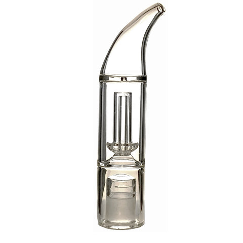 clear glass water bubbler with curved mouthpiece stood upright